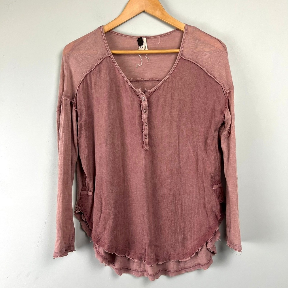 We The Free Mixed Media Henley Top Raw Seams XS Oversized Grunge Distressed Boho